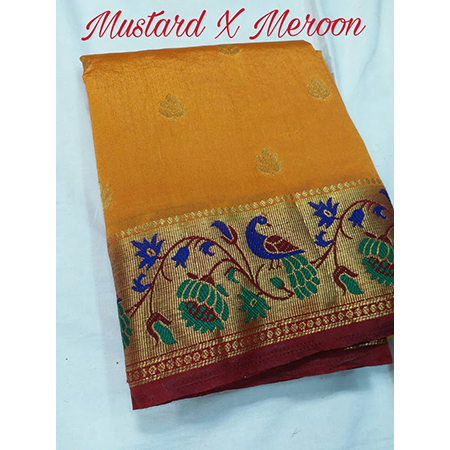 Chiffon Art Silk Semi Paithani Peacock Pallu With Contarst Running Blouse