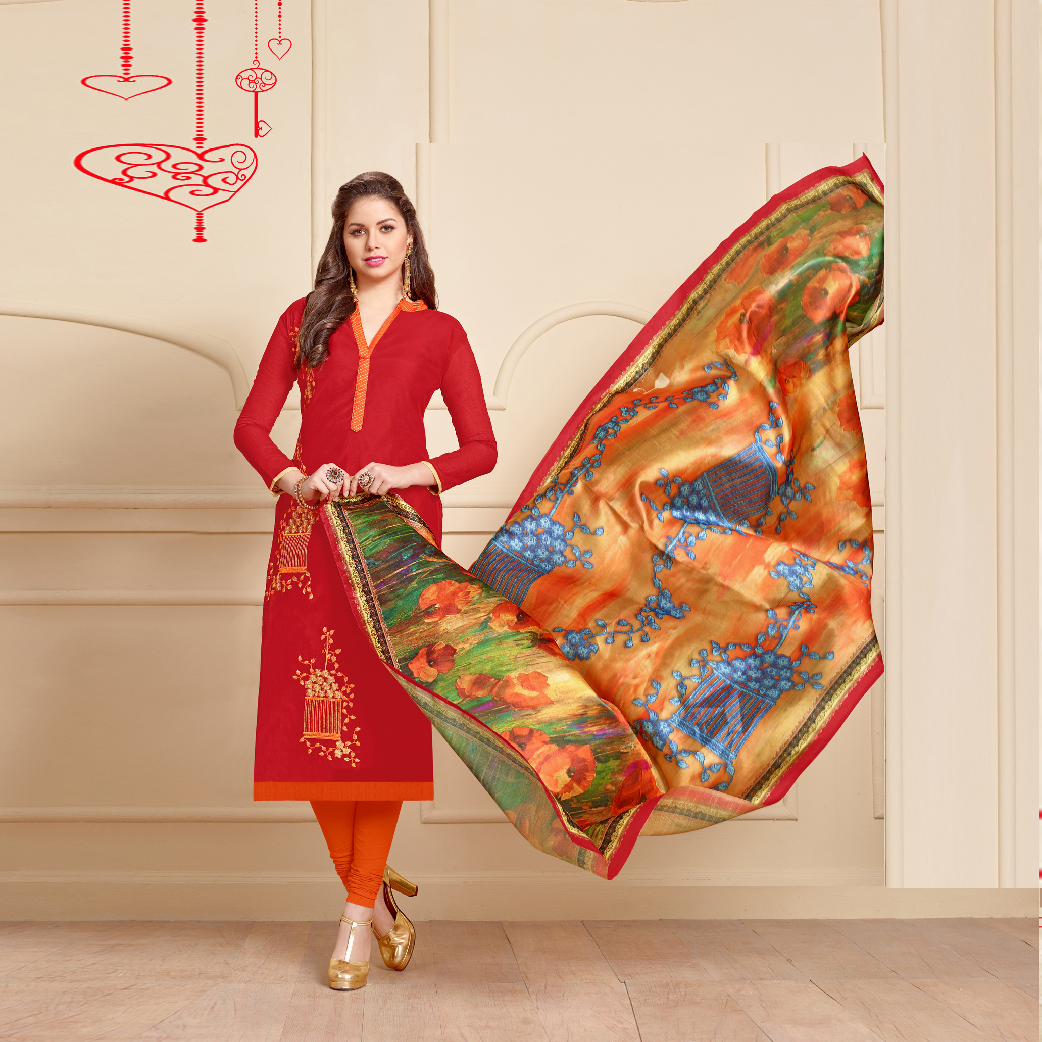 Green And Orange Embroidery Chanderi Salwar Kameez
