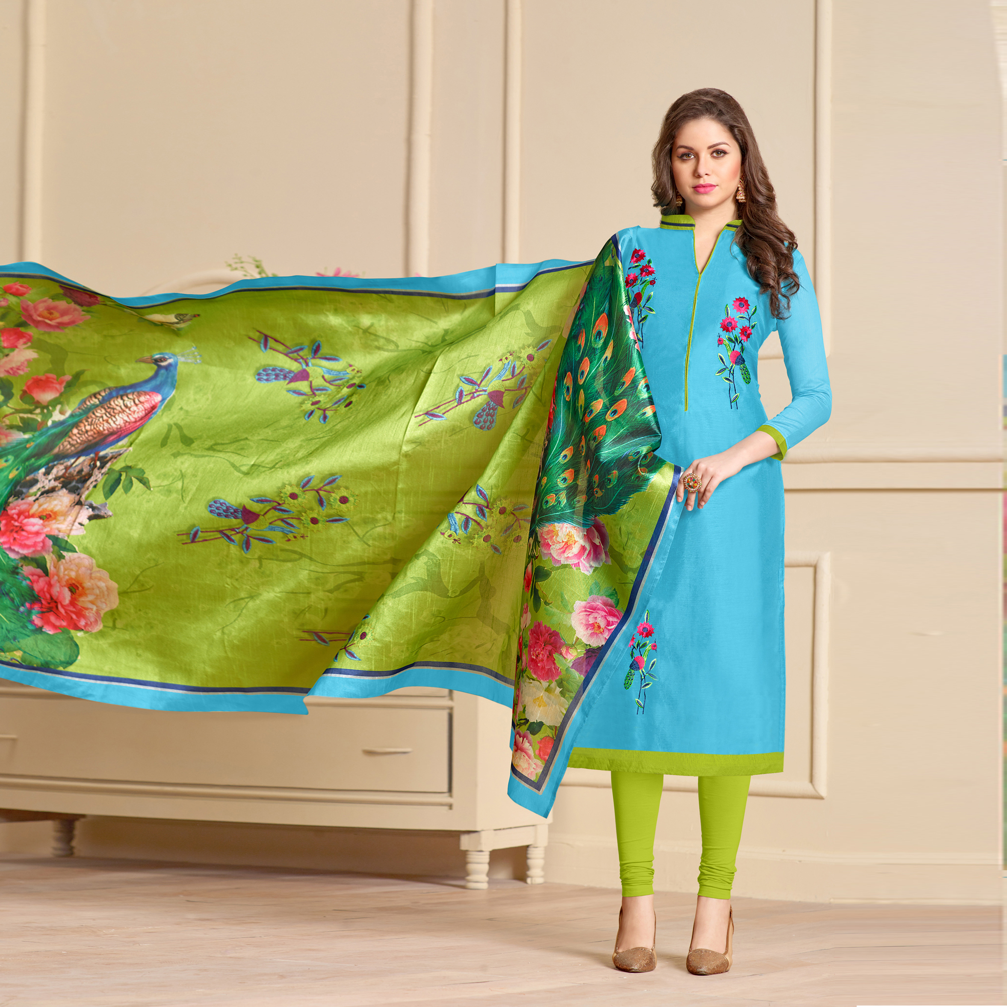 Green And Orange Embroidery Chanderi Salwar Kameez