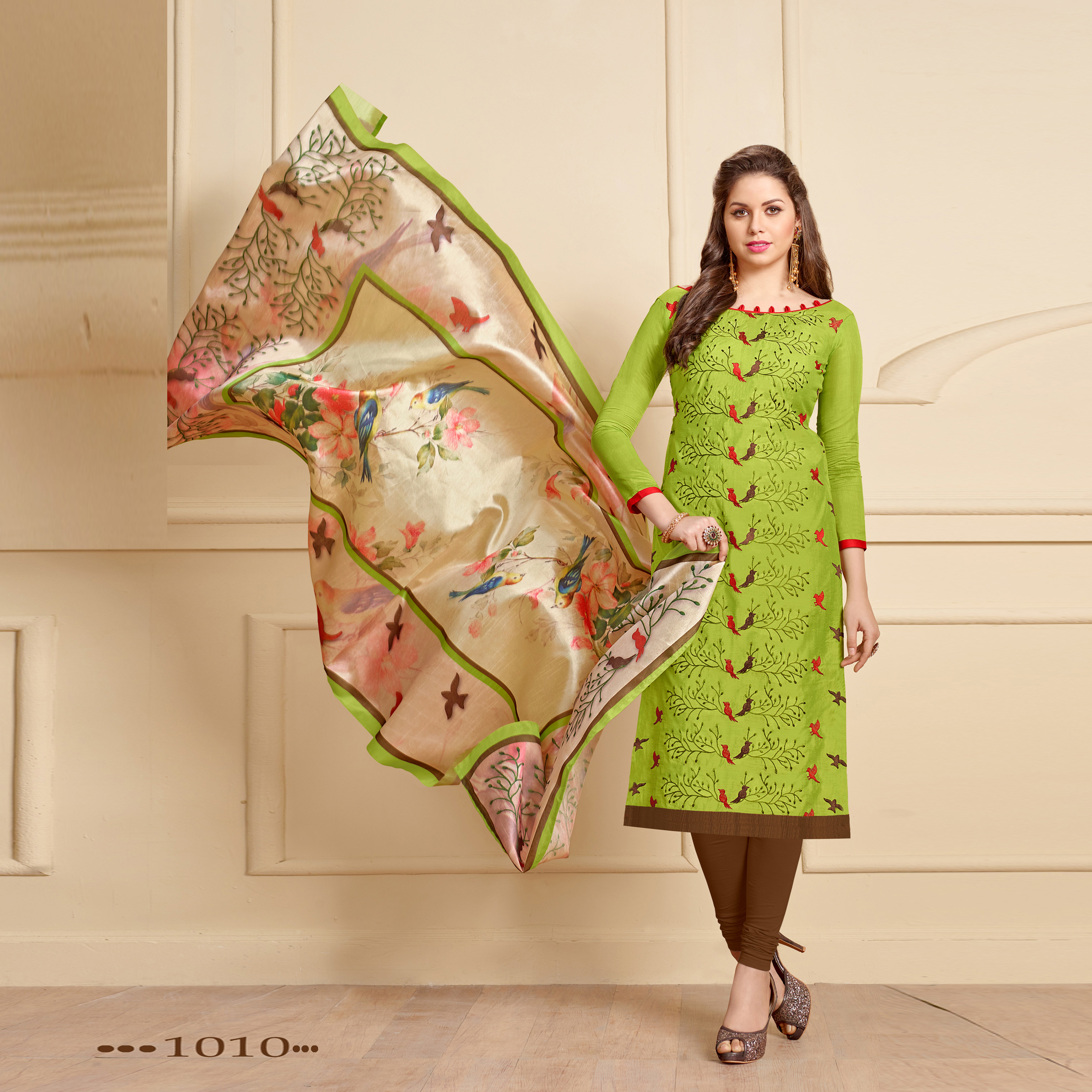 Green And Orange Embroidery Chanderi Salwar Kameez
