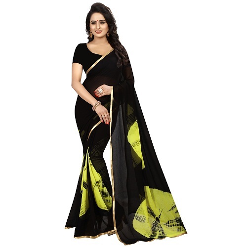Printed Chiffon Saree - 5.5 Mtr Length, 0.8 Mtr Blouse | Green, Blue, Black, Maroon, Pink, Firozi, Silk Material, Printed Pattern