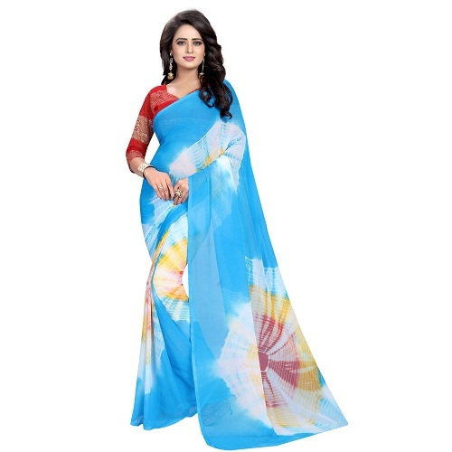 Printed Chiffon Saree - 5.5 Mtr Length, 0.8 Mtr Blouse | Green, Blue, Black, Maroon, Pink, Firozi, Silk Material, Printed Pattern