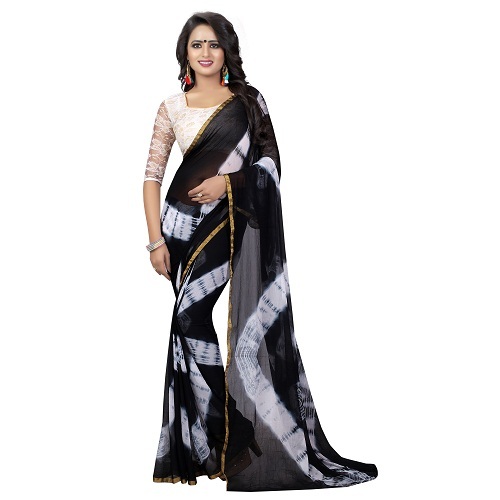 Printed Chiffon Saree - 5.5 Mtr Length, 0.8 Mtr Blouse | Green, Blue, Black, Maroon, Pink, Firozi, Silk Material, Printed Pattern