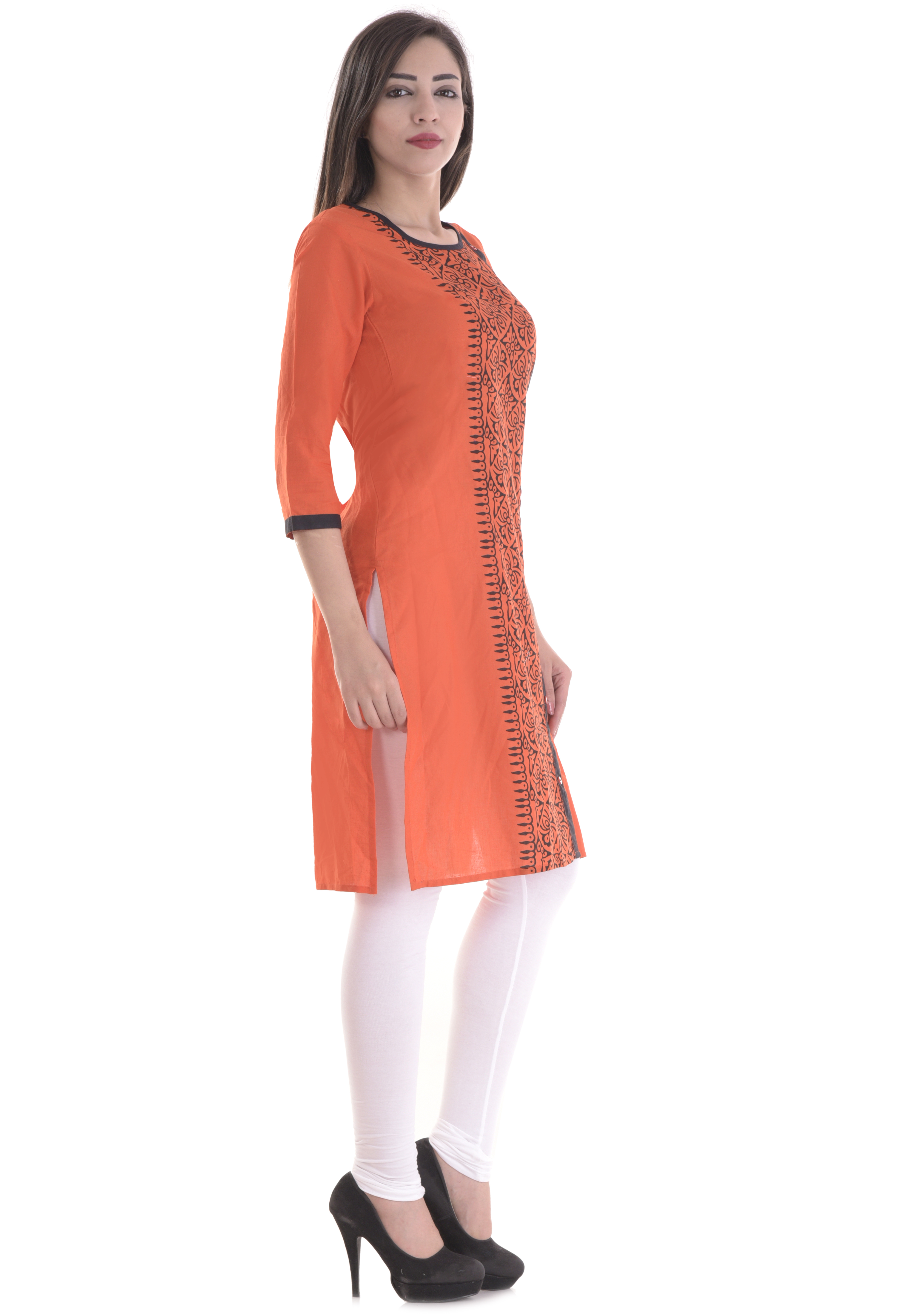 Ladies Designer Kurti - 100% Cotton, Sizes S-xxl, Orange Color, 3/4th Sleeves, Printed Design | Eco-friendly, Lightweight, Versatile For Daily And Ethnic Wear