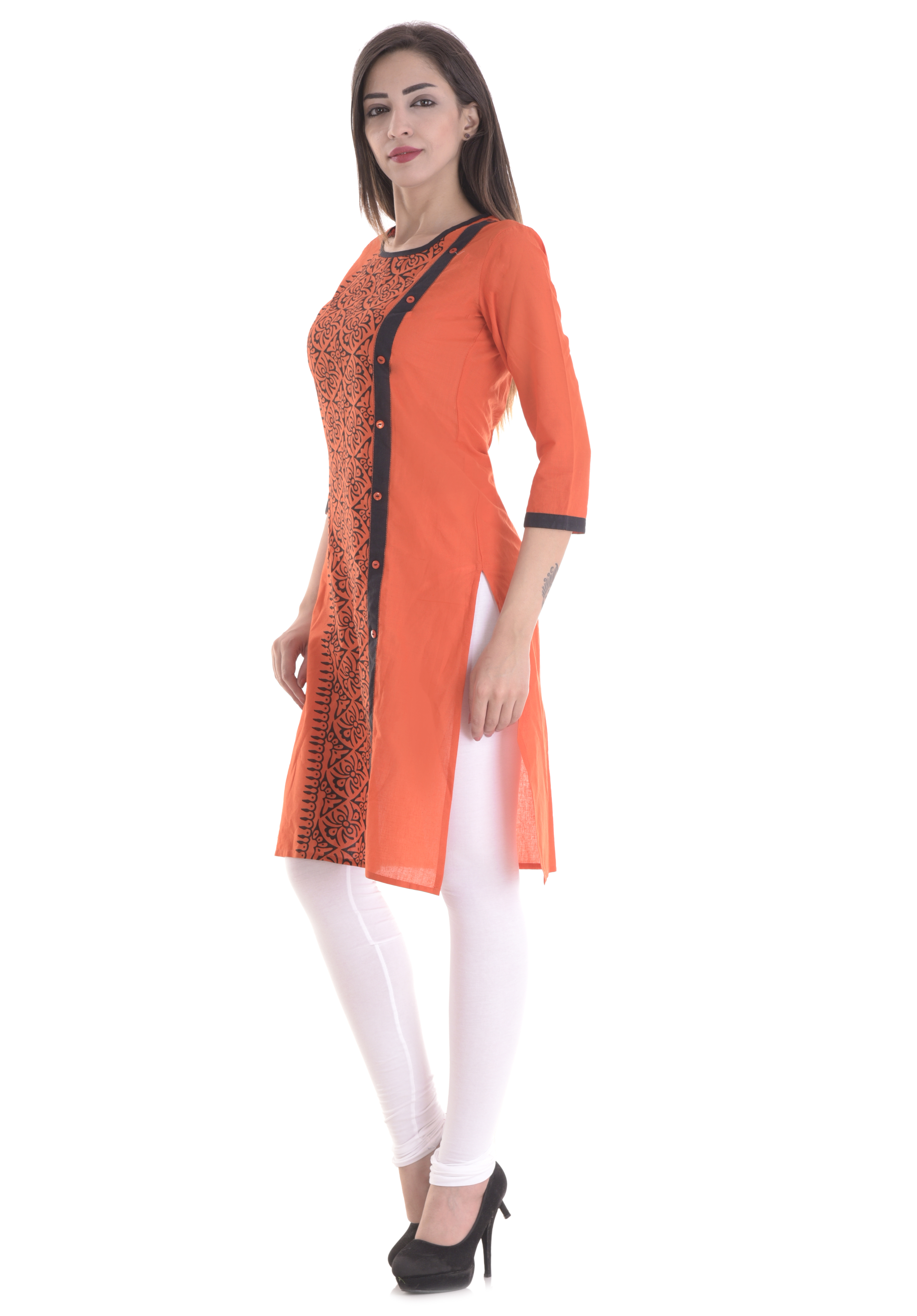 Ladies Designer Kurti - 100% Cotton, Sizes S-xxl, Orange Color, 3/4th Sleeves, Printed Design | Eco-friendly, Lightweight, Versatile For Daily And Ethnic Wear
