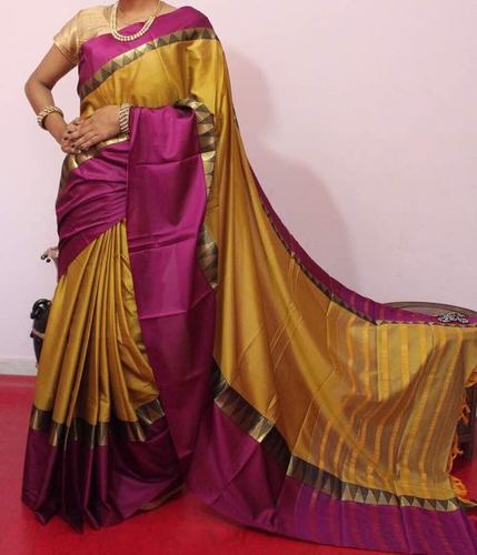 Cotton Silk Yellow And Purple Handloom Party Wear Saree