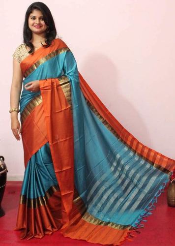 Tussur Blue Pure Handloom Cotton Silk Saree