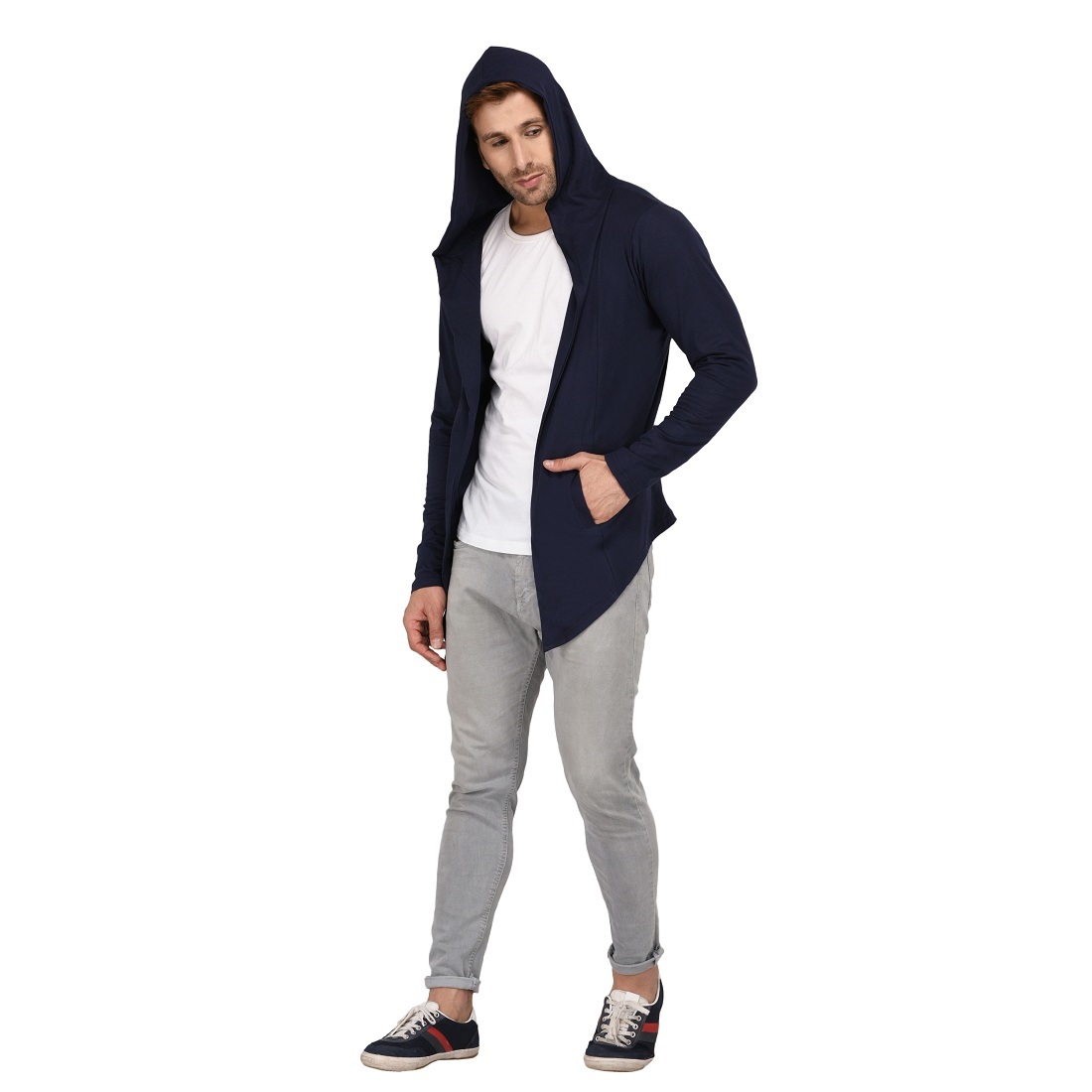 Men's Hooded Navy Blue Shrug Hip Size: 5 Centimeter (Cm)
