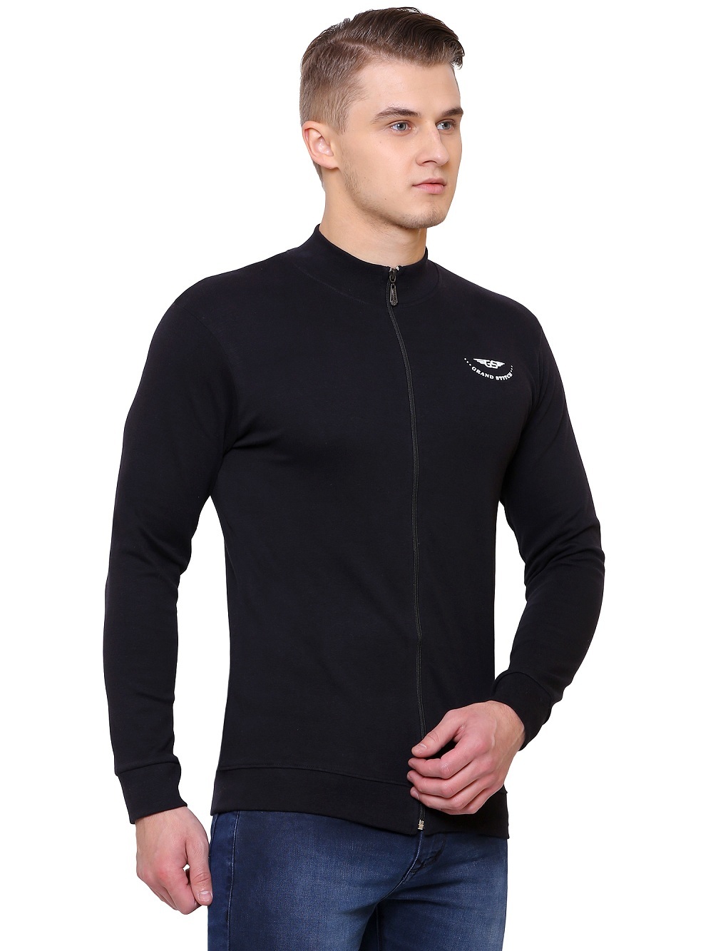 Black Solid Mens Zipper Jacket