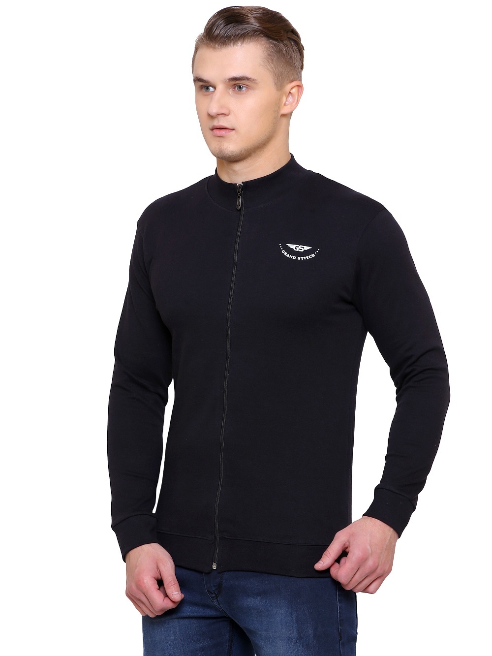 Black Solid Mens Zipper Jacket