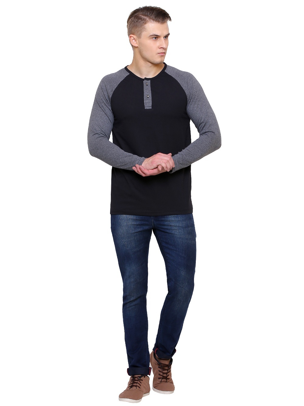 Black Solid Mens Henley Neck T Shirt