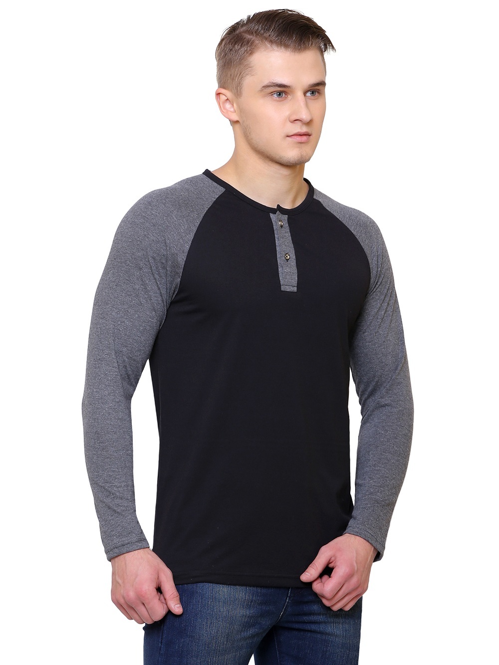 Black Solid Mens Henley Neck T Shirt