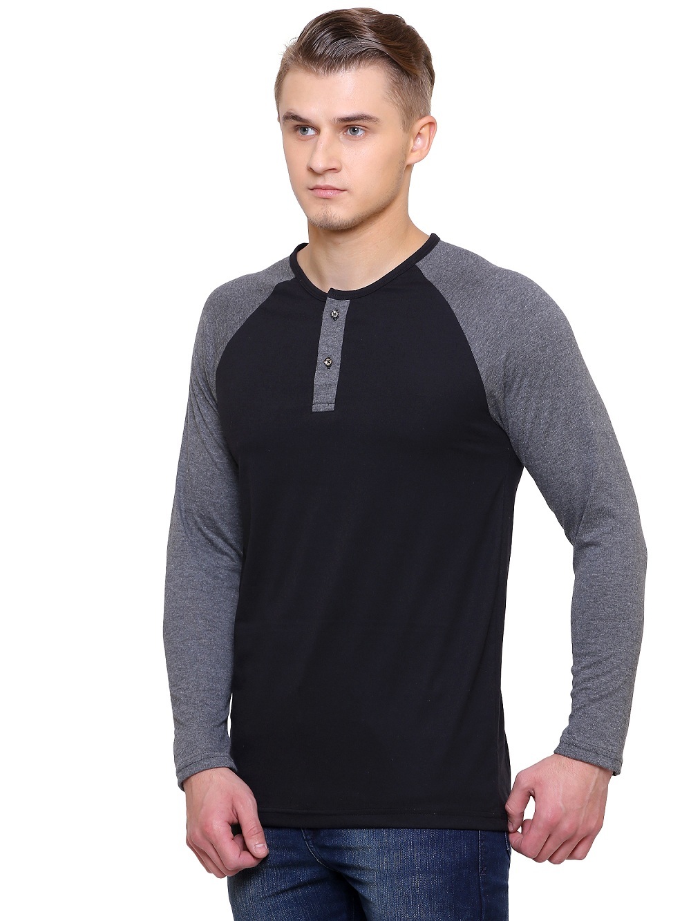 Black Solid Mens Henley Neck T Shirt