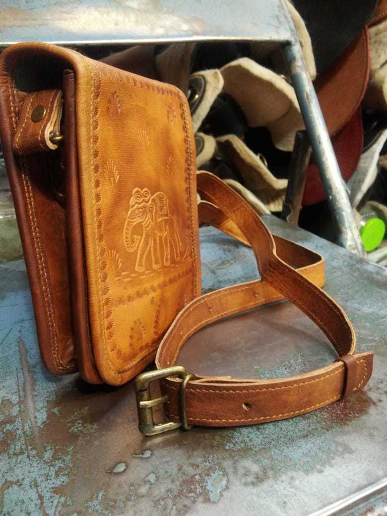Leather Handmade Shoulder Bag - 5x7 Inches Brown With Elephant Embossed Design Canvas Lining For Women