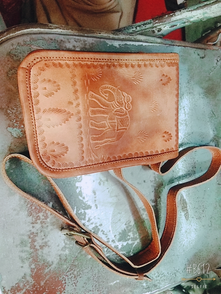 Leather Handmade Shoulder Bag - 5x7 Inches Brown With Elephant Embossed Design Canvas Lining For Women