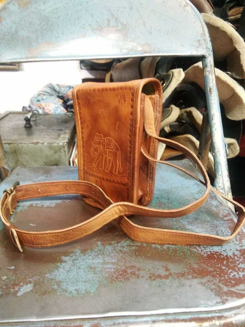 Leather Handmade Shoulder Bag - 5x7 Inches Brown With Elephant Embossed Design Canvas Lining For Women