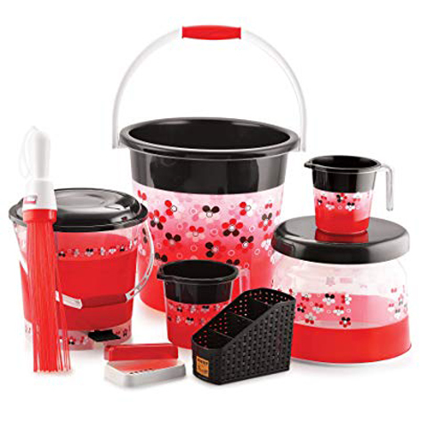 Plastic Bathroom Set - 7 Pieces, Floral Design in Vibrant Red Color