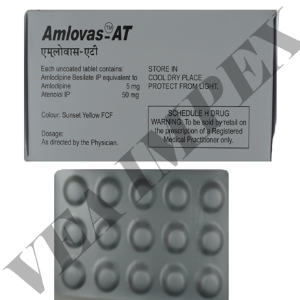 Amlovas-at - 5mg Amlodipine & 25mg Atenolol Tablets | Effective Blood Pressure Control, Prevents Angina, 10x15 Tablets Per Box