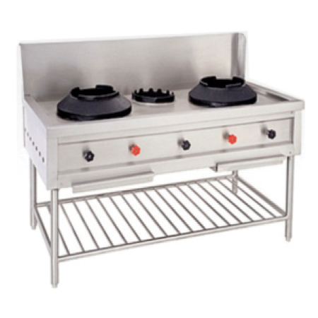 Chinese Cooking Range - Stainless Steel, 1500x800x800 mm, 80 kg, LPG Gas Type, 15 kW Power , Ideal for Commercial Chinese Cuisine Preparation with Three Burners