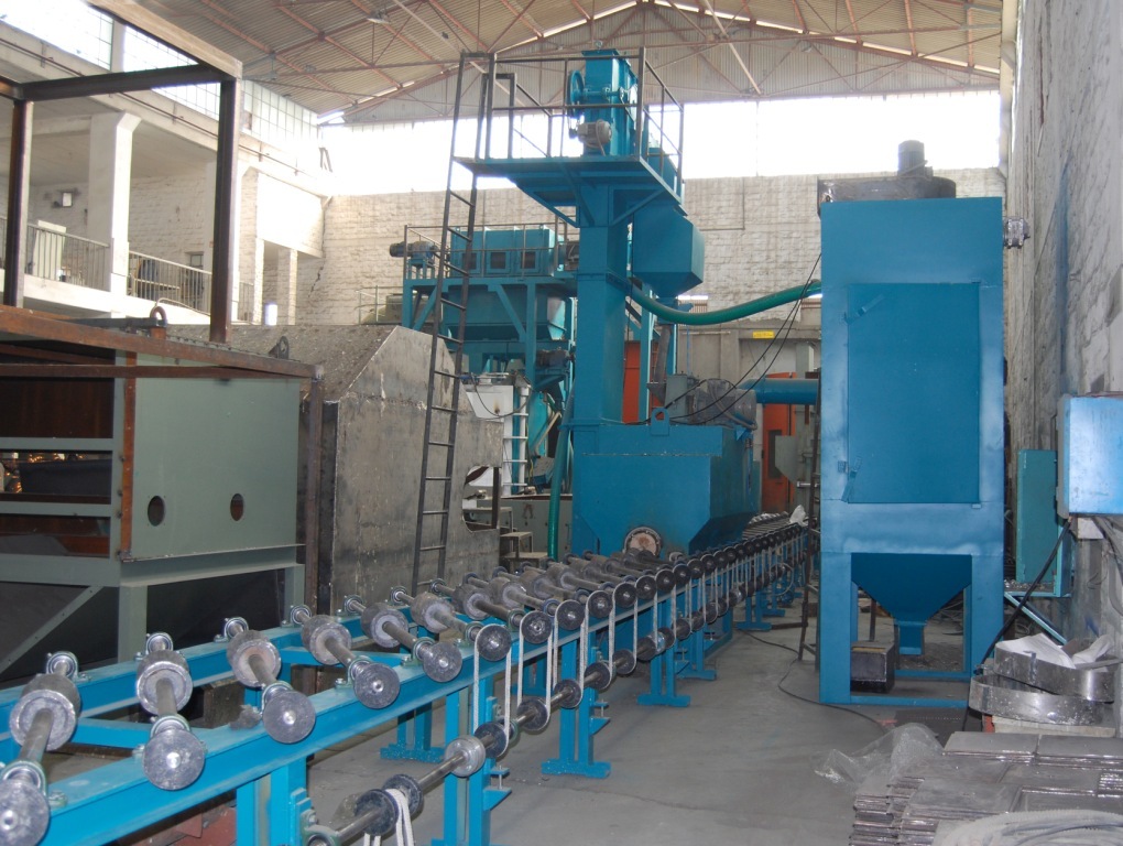 Airless Lpg Cylinder Type Shot Blasting Machine - Ms Material, 12000 X 5000 X 5000 Mm Dimensions, Blue And White Color | Automatic Operation, 50 Ton/day Production Capacity, Plc Control System, 10 Bar Pressure