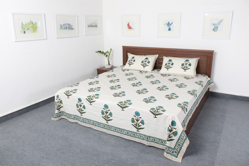 White Jaipuri Block Print Bedsheets