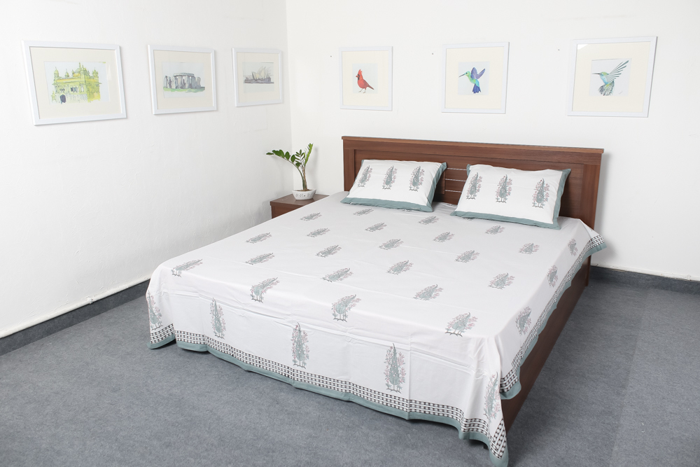 Double Bed Sheet - 100% Cotton, 90x108 Sq. Inches | Traditional Jaipuri Block Print With 2 Matching Pillow Covers, Eco-friendly And Washable