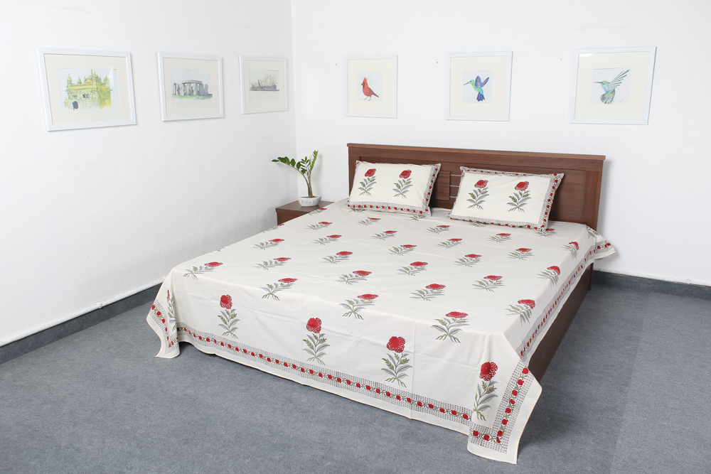 Jaipuri Block Print Double Bed Sheet - 100% Cotton, 90x108 Sq. Inches | Eco-friendly, Traditional Hand-printed Motif, Includes Two Matching Pillow Covers