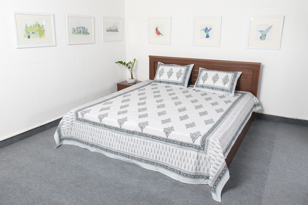 White Printed Hand Block Bedsheets