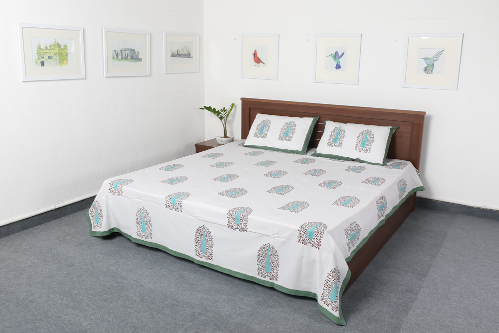 White Block Print Cotton Bedsheets