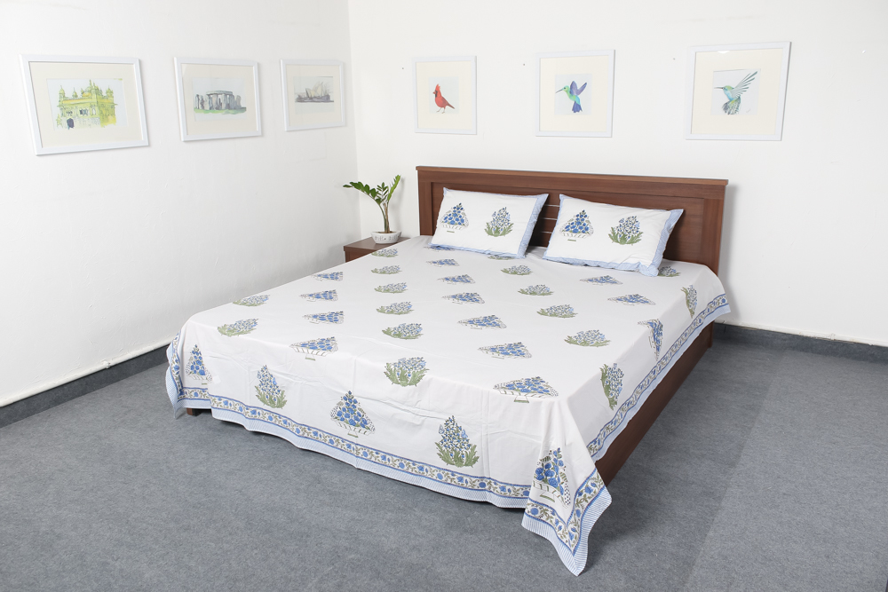 White Latest Block Print Bed Sheets