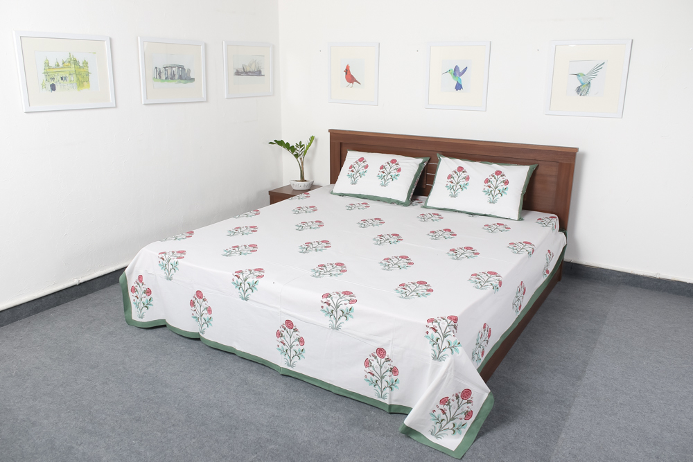 Jaipuri Block Print Bed Sheet - 100% Cotton, 90x108 Inches | Eco-friendly, Traditional Motifs, Includes 2 Matching Pillow Covers, Soft And Washable