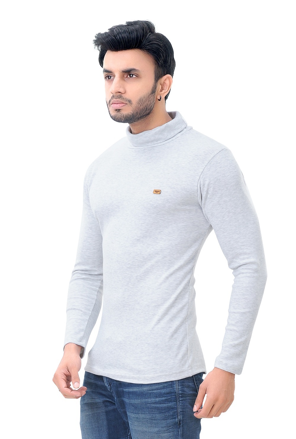 White Milange Men's Hi-neck Full T-shirt