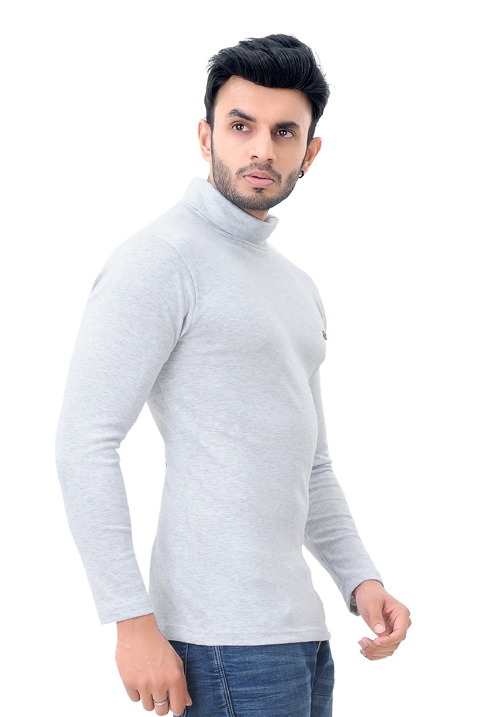 White Milange Men's Hi-neck Full T-shirt