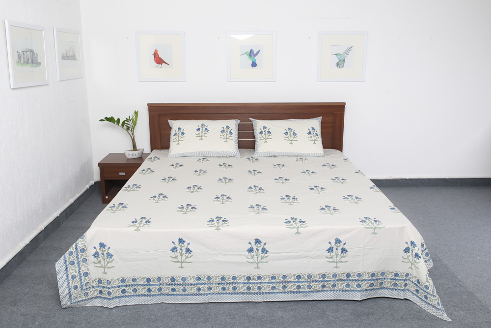 White Block Printed Bedsheet