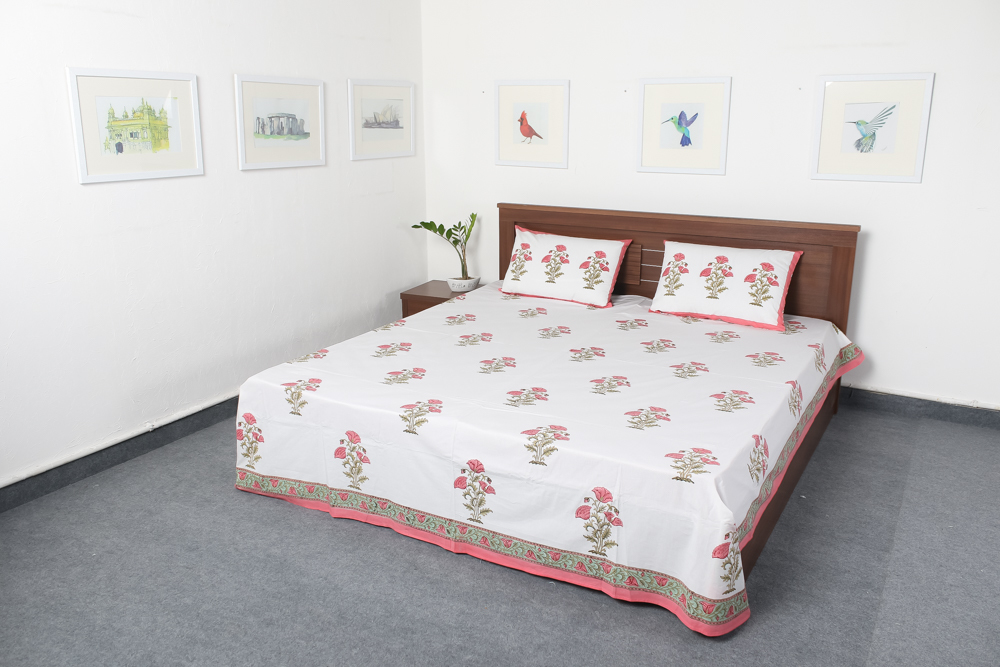 Jaipuri Block Printed Cotton Bed Sheet Set - 90x108 Sq. Inches, Eco-friendly White Design With 2 Matching Pillow Covers