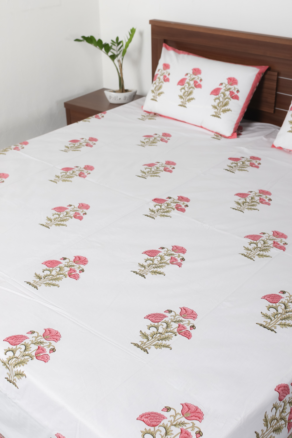 Jaipuri Block Printed Cotton Bed Sheet Set - 90x108 Sq. Inches, Eco-friendly White Design With 2 Matching Pillow Covers