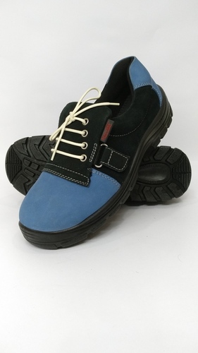 Black And Sky Blue Leather Safety Shoes