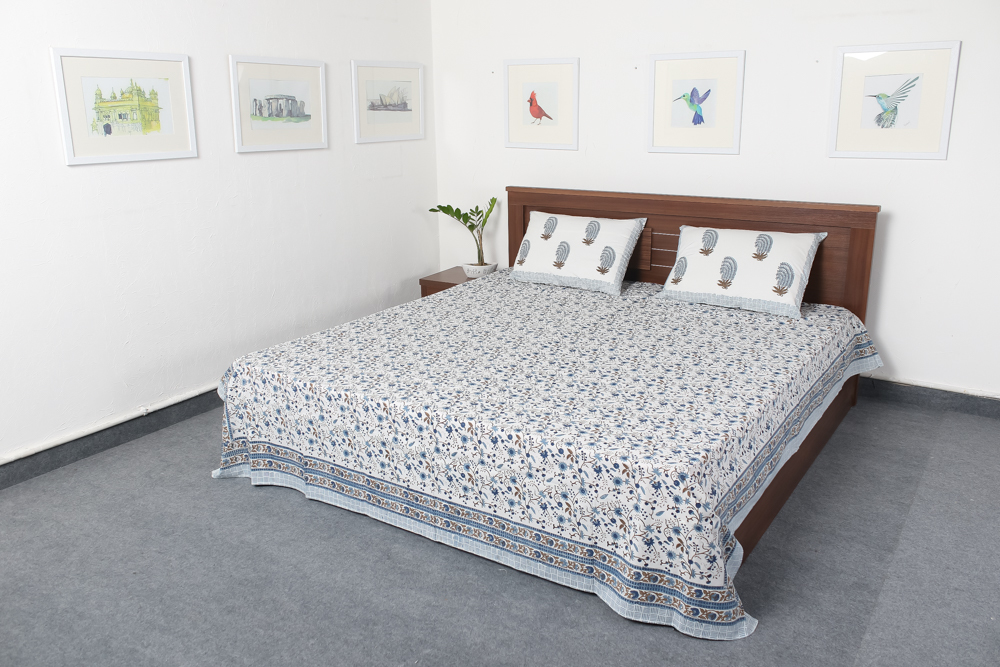 Jaipuri Block Printed Double Bed Sheet - 100% Cotton, 90x108 Inches, White Color | Eco-friendly, Includes 2 Matching Pillow Covers, Traditional Rajasthani Artistry
