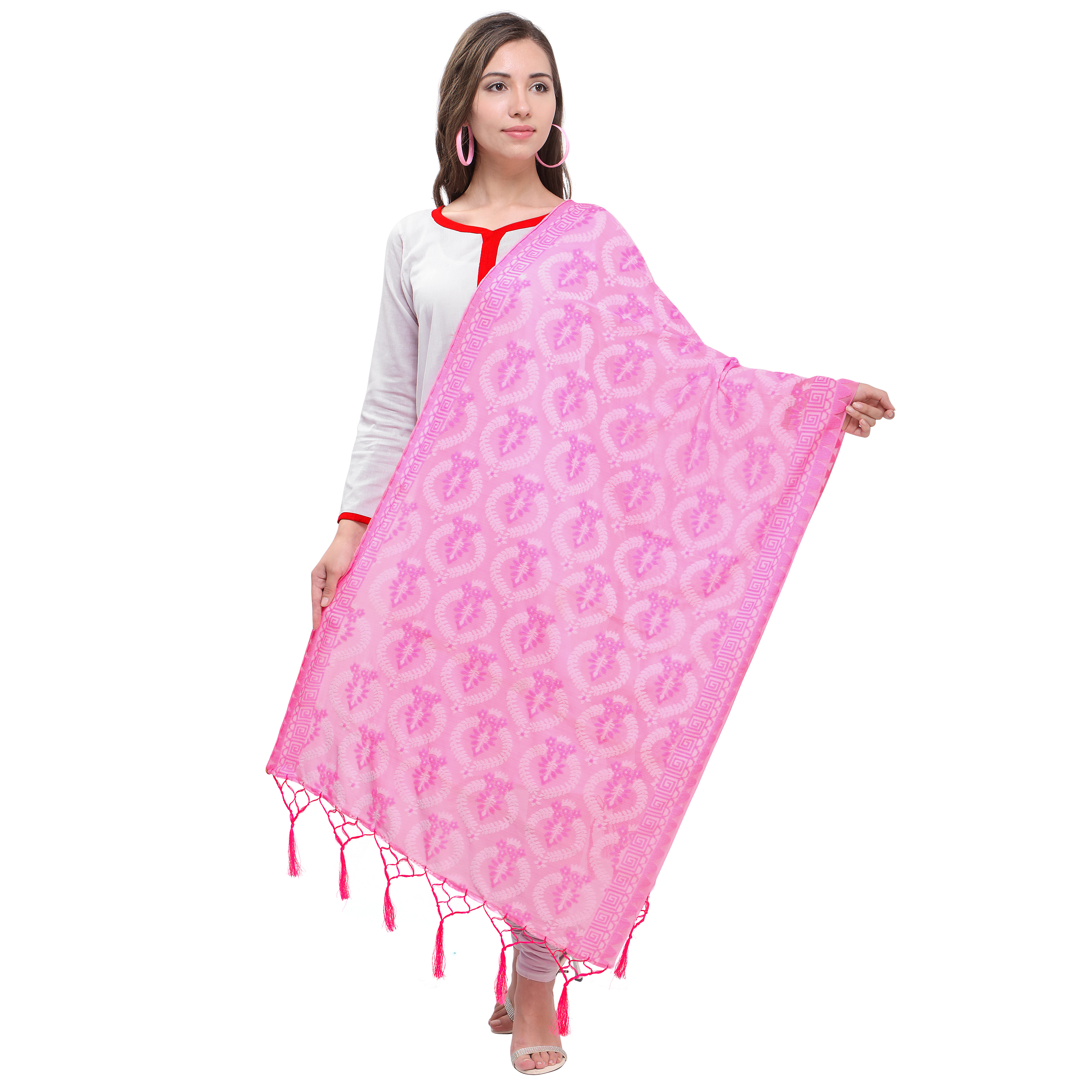 Casual Wear Dupatta With Jhalar/ Tassels - Soft Silk, 2 Mtr Length, Pink/navy Blue/red/orange/brown, Embroidered Design, Washable