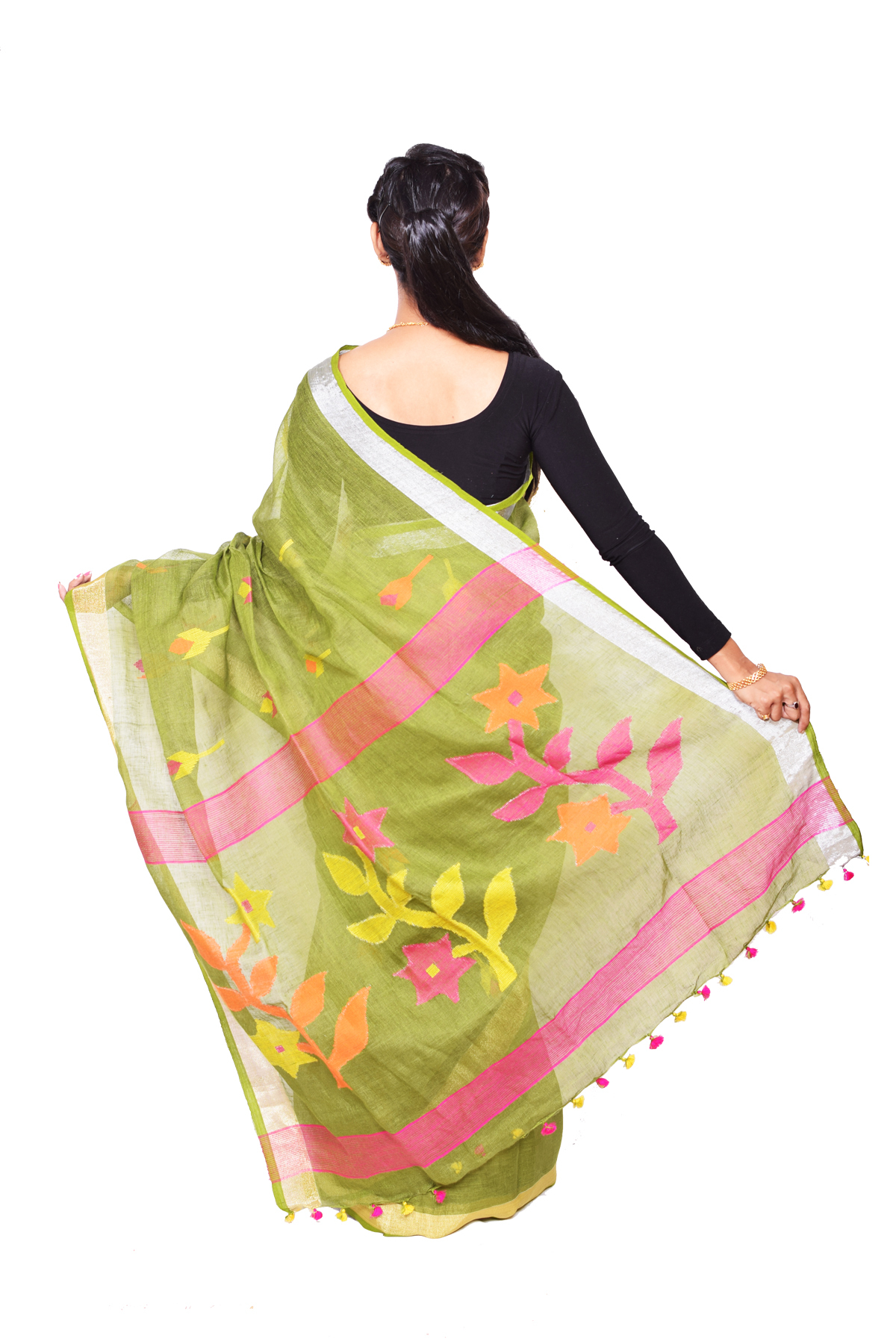 Green Basil Linen Jamdani Saree