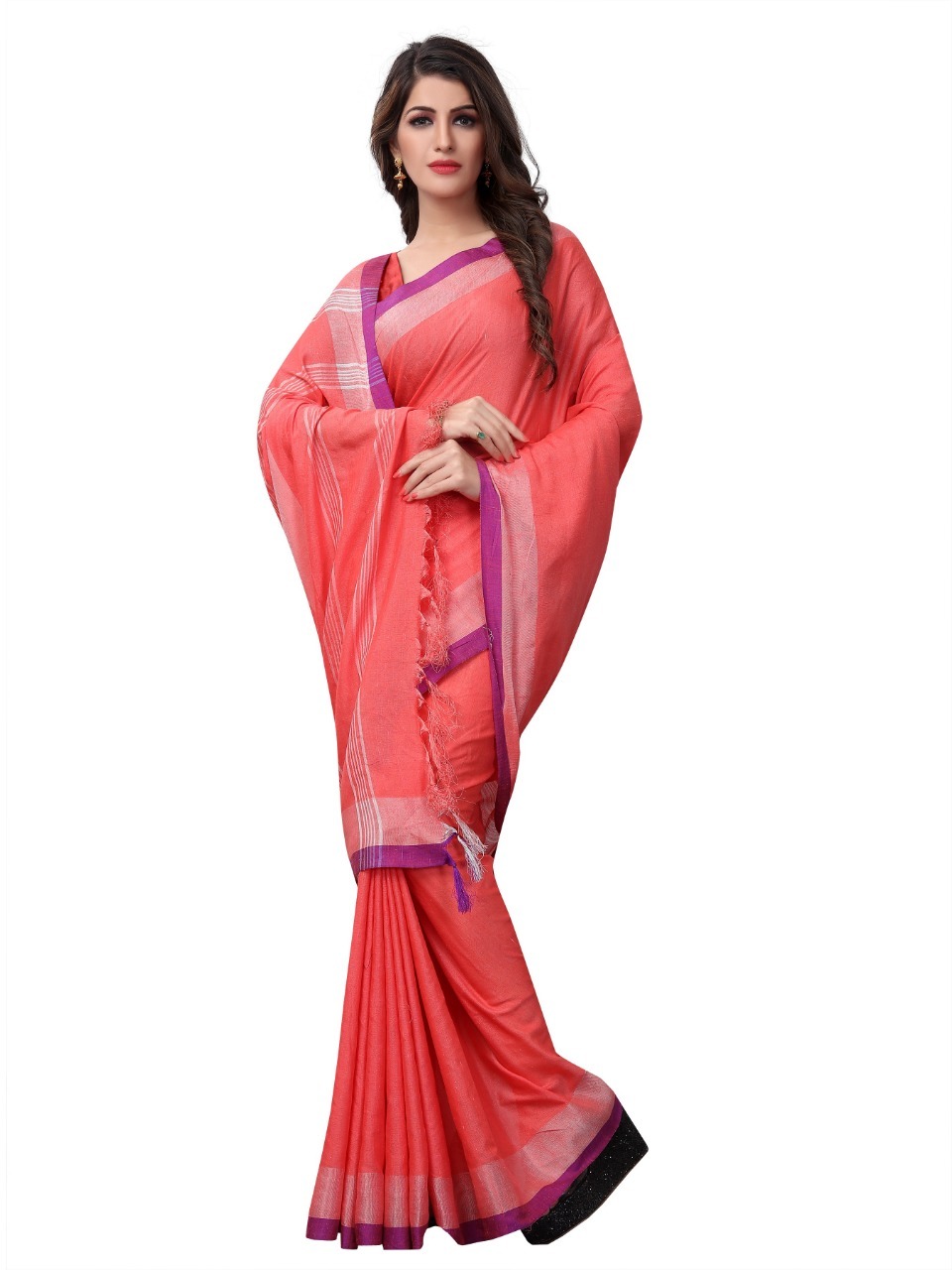 Pure Linen Saree - Cotton Blend, 6.3 Meters Length, Pink Color | Zari Work, Handloom Design, Soft Comfortable Fit, Un-stitched Blouse