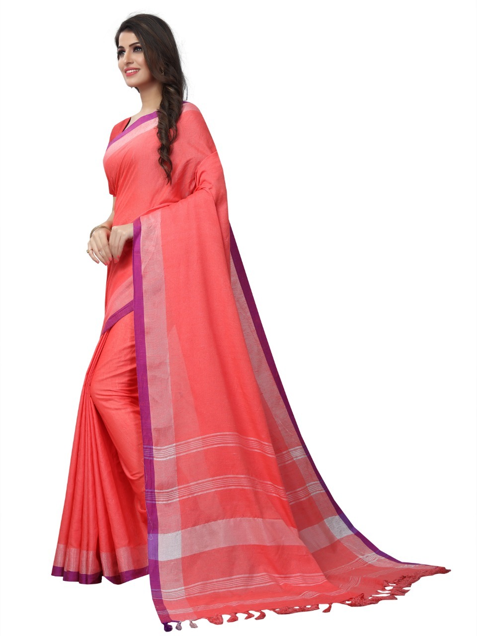 Pure Linen Saree - Cotton Blend, 6.3 Meters Length, Pink Color | Zari Work, Handloom Design, Soft Comfortable Fit, Un-stitched Blouse