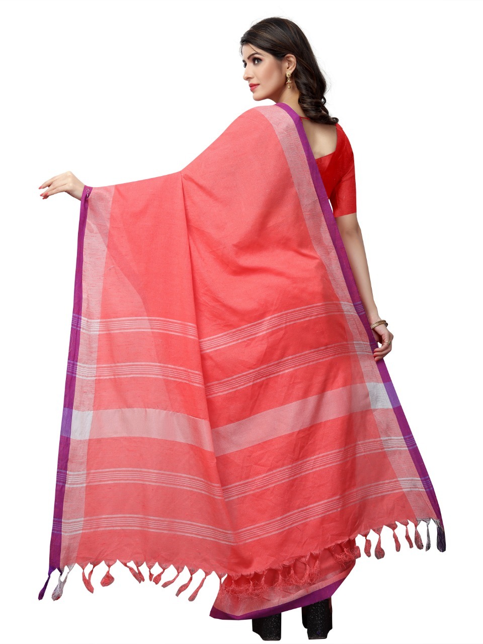 Pure Linen Saree - Cotton Blend, 6.3 Meters Length, Pink Color | Zari Work, Handloom Design, Soft Comfortable Fit, Un-stitched Blouse