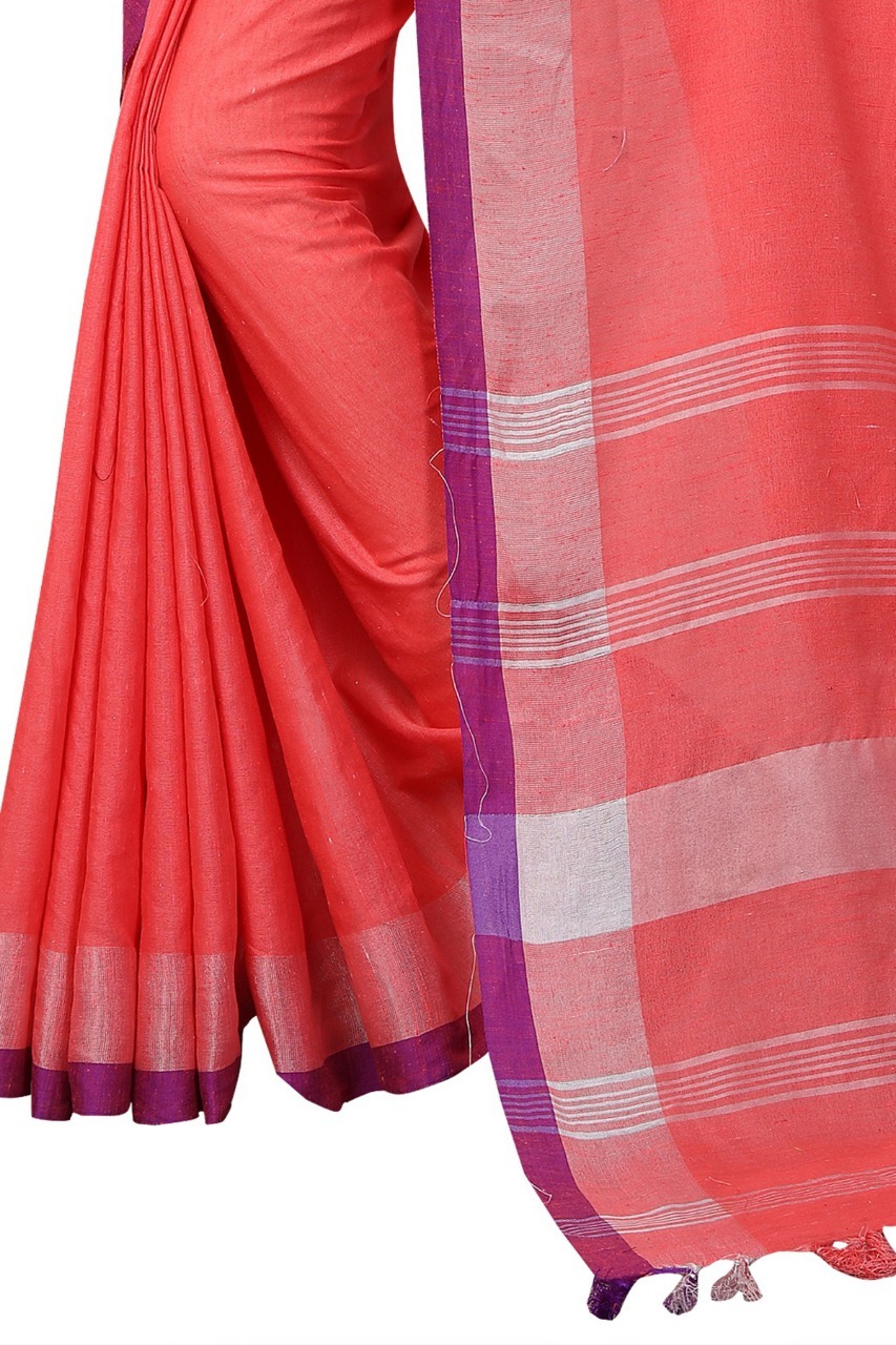 Pure Linen Saree - Cotton Blend, 6.3 Meters Length, Pink Color | Zari Work, Handloom Design, Soft Comfortable Fit, Un-stitched Blouse