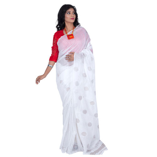 White Net Handloom Cotton Silk Saree