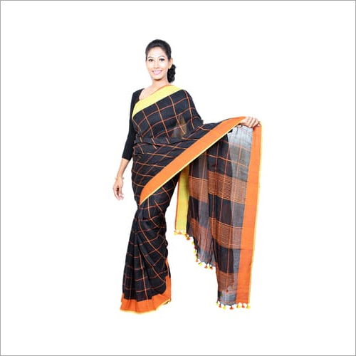 काले हाथ से बुने हुए चेक लिनन साड़ी