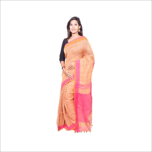 Linen Saree - Handloom Woven Fabric, Chikoo Color with Intricate Thread Work and Absorbent Texture