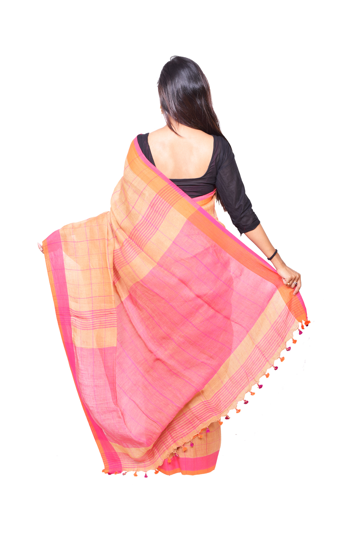 Linen Saree - Handloom Woven Fabric, Chikoo Color With Intricate Thread Work And Absorbent Texture