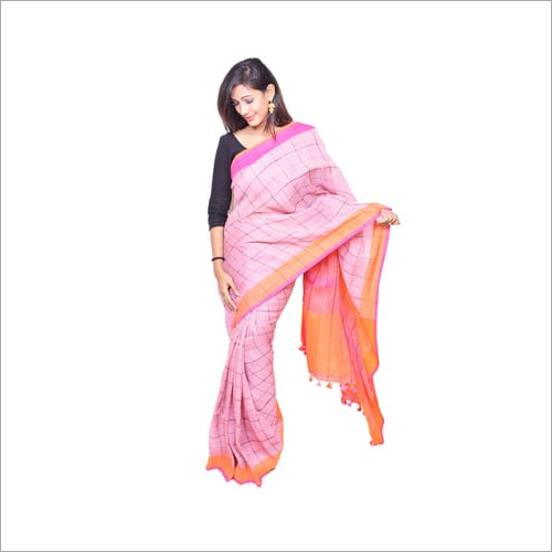 Linen Sarees Checked - Handwoven Woven Design, Mauve Color with Intricate Thread Work