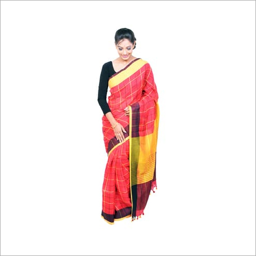बुनी हुई लाल चेक्ड लिनन साड़ी